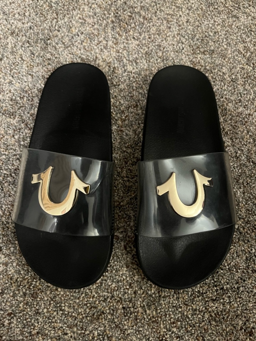 True Religion Black Slides with Clear Strap and Gold Logo